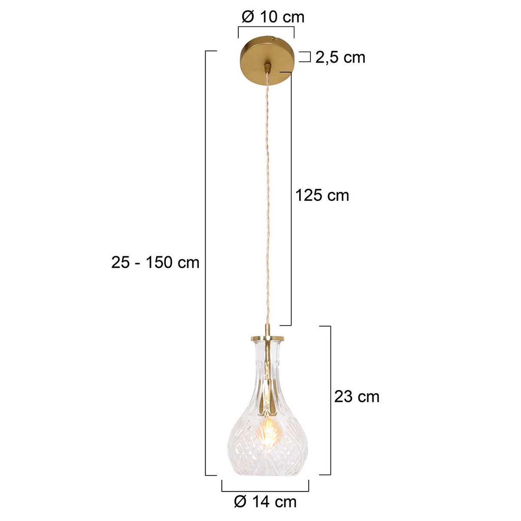 Suspension en verre taillé transparent et laiton doré forme goutte – Ø14 cm