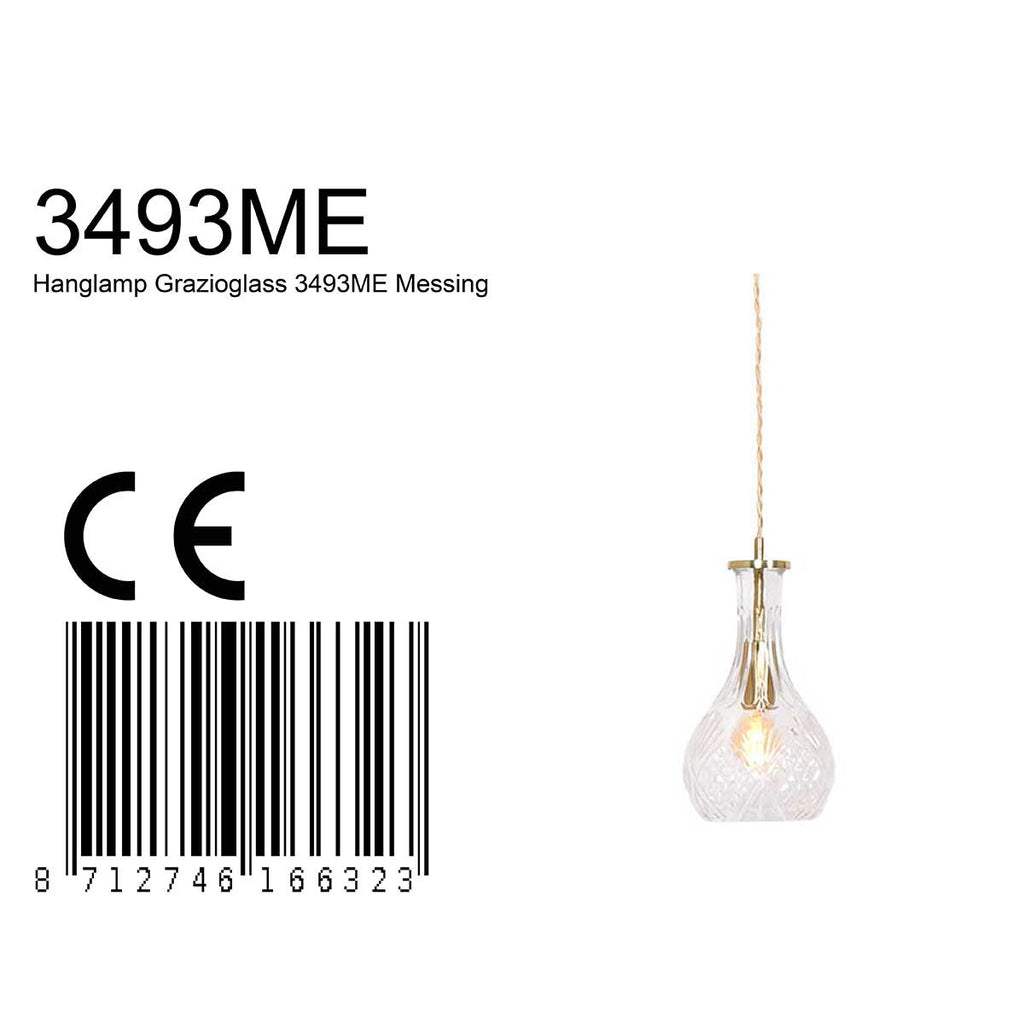 Suspension en verre taillé transparent et laiton doré forme goutte – Ø14 cm