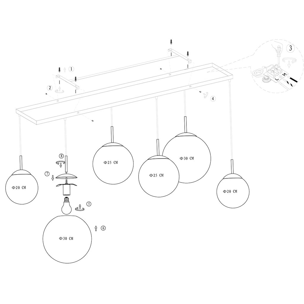 Suspension linéaire multiple en verre ambré et laiton 6 lampes décalés – 120x25 cm