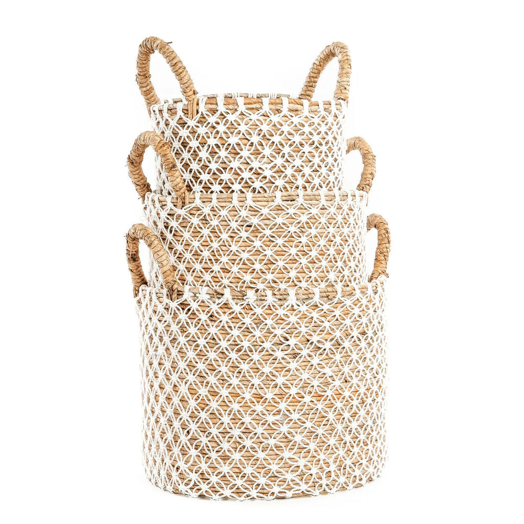 Panier rond en jonc de mer et macramé blanc avec anses – Ø39 cm