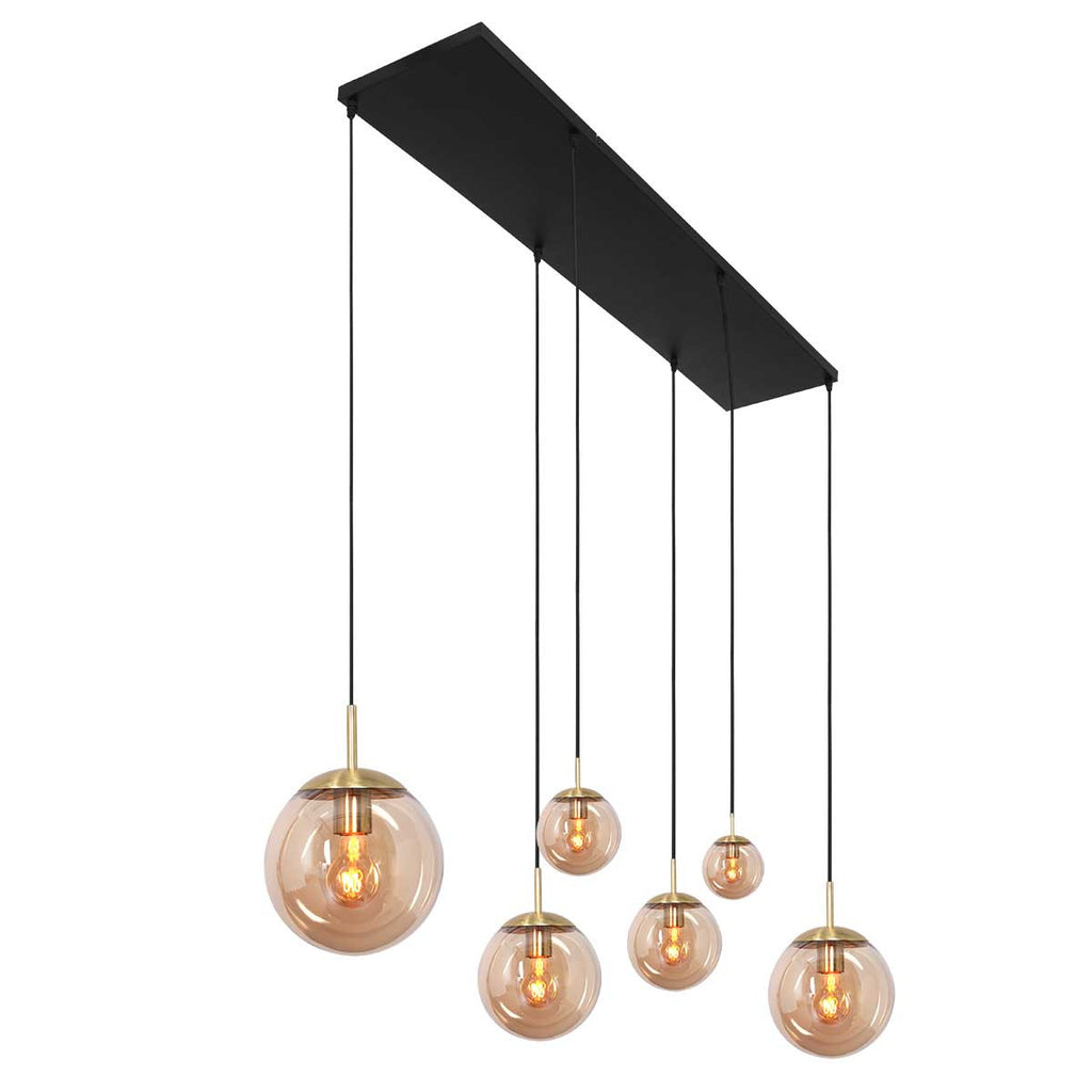 Suspension linéaire multiple en verre ambré et laiton 6 lampes décalés – 120x25 cm