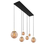 Suspension linéaire multiple en verre ambré et laiton 6 lampes décalés – 120x25 cm