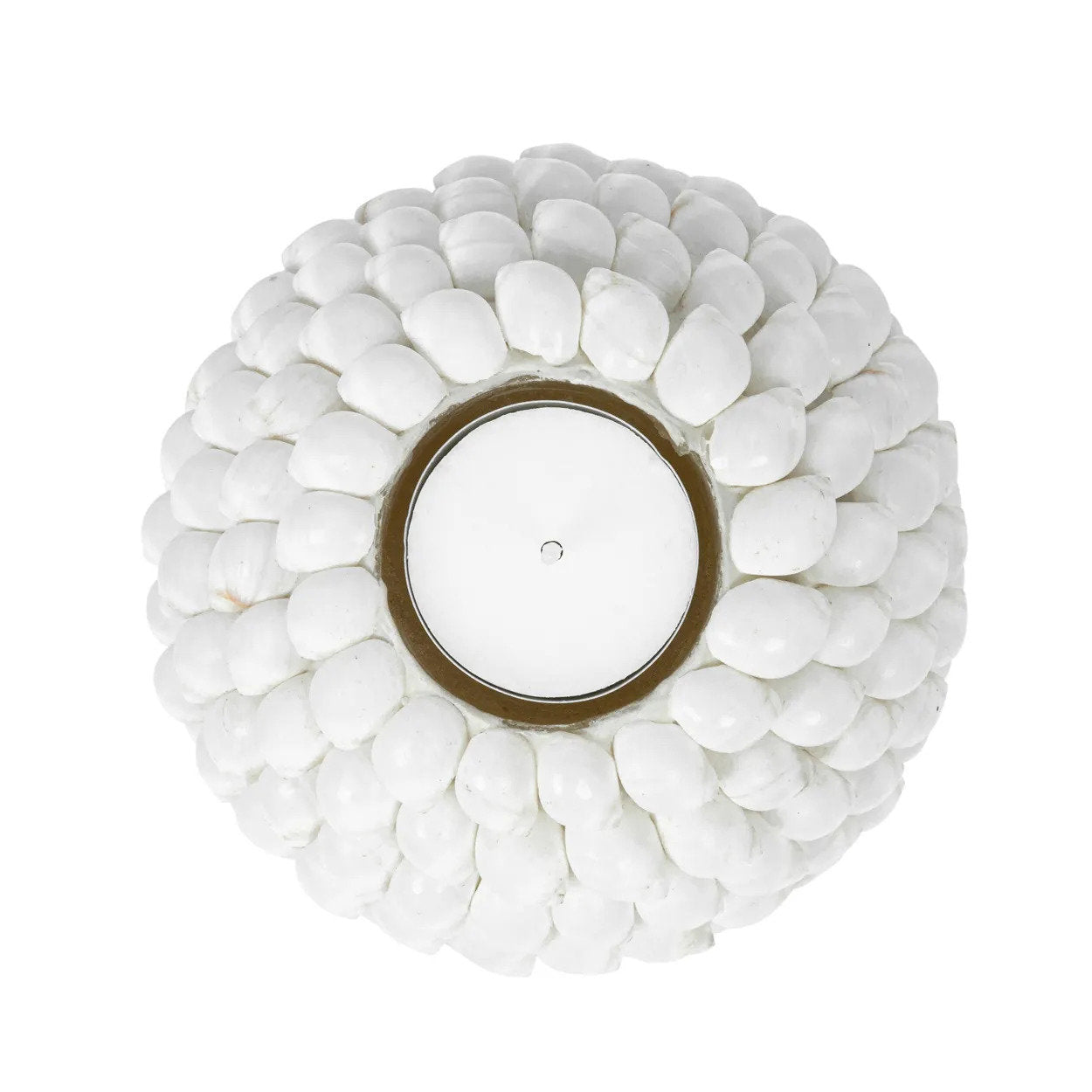 Porte-bougie rond en coquillages blancs finition perlée