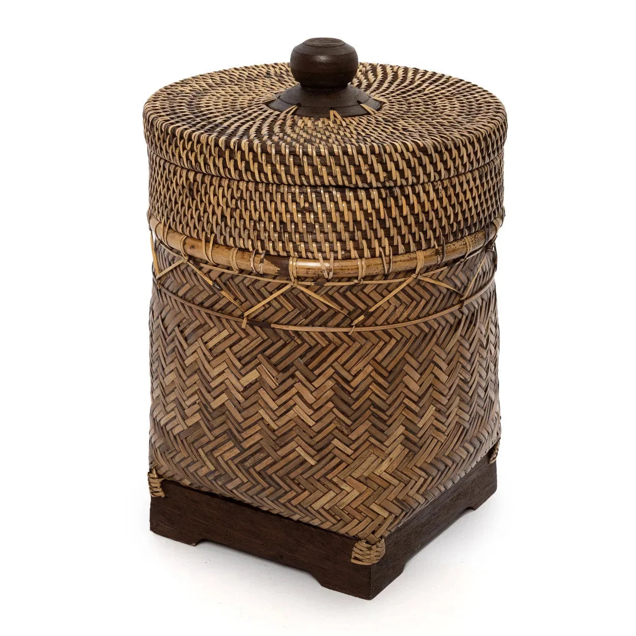 Panier de rangement cylindrique en rotin tressé naturel avec couvercle en bois