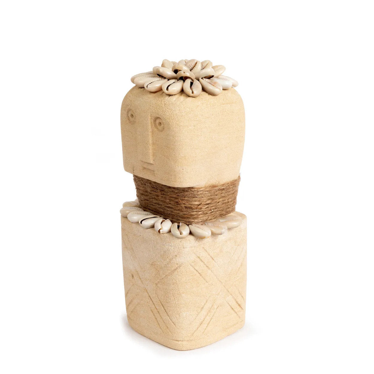 Statue en grès cylindrique – Coquillages sculptés – H20 cm