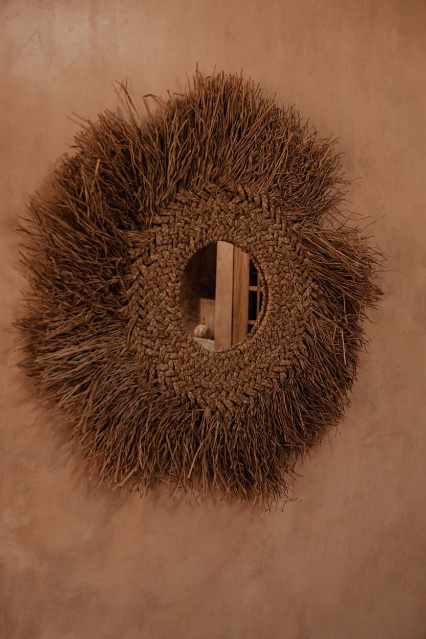 Miroir rond mural en jacinthe d’eau naturelle avec franges – Ø75 cm