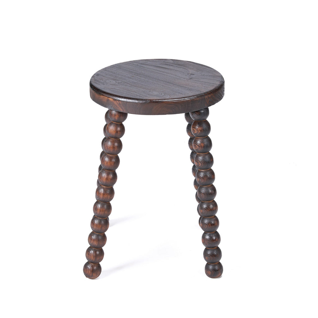 Tabouret de salon bois foncé pieds perlés sculptés massifs – H50 cm