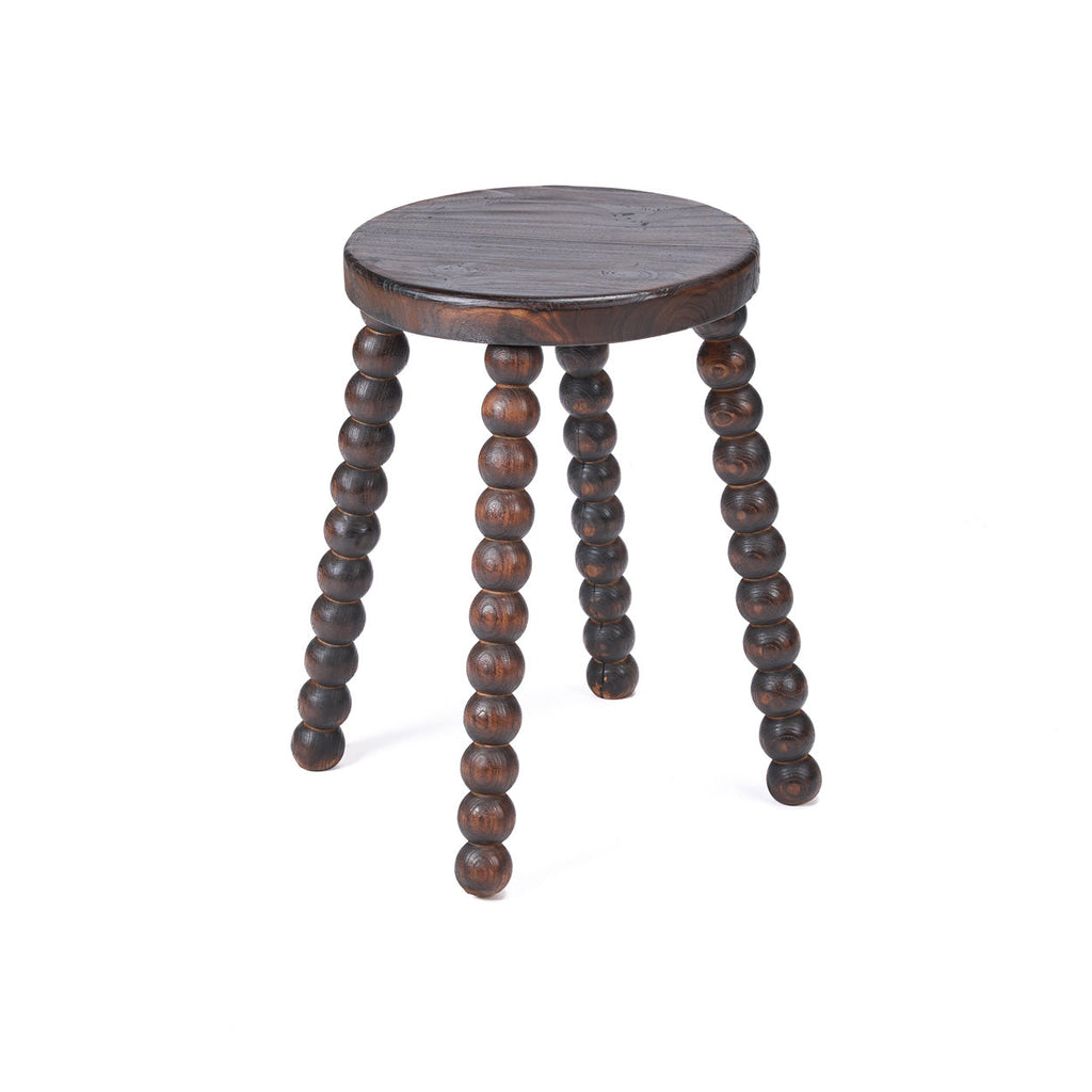 Tabouret de salon bois foncé pieds perlés sculptés massifs – H50 cm