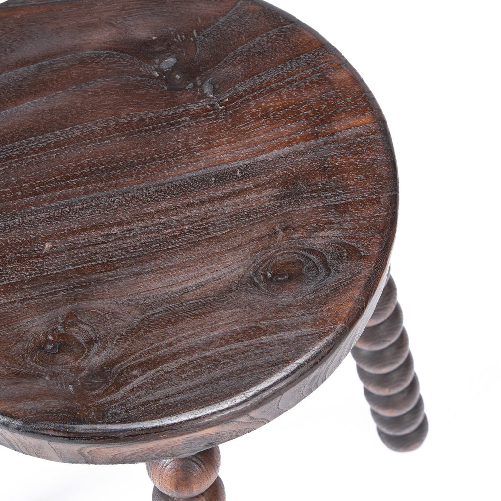Tabouret de salon bois foncé pieds perlés sculptés massifs – H50 cm