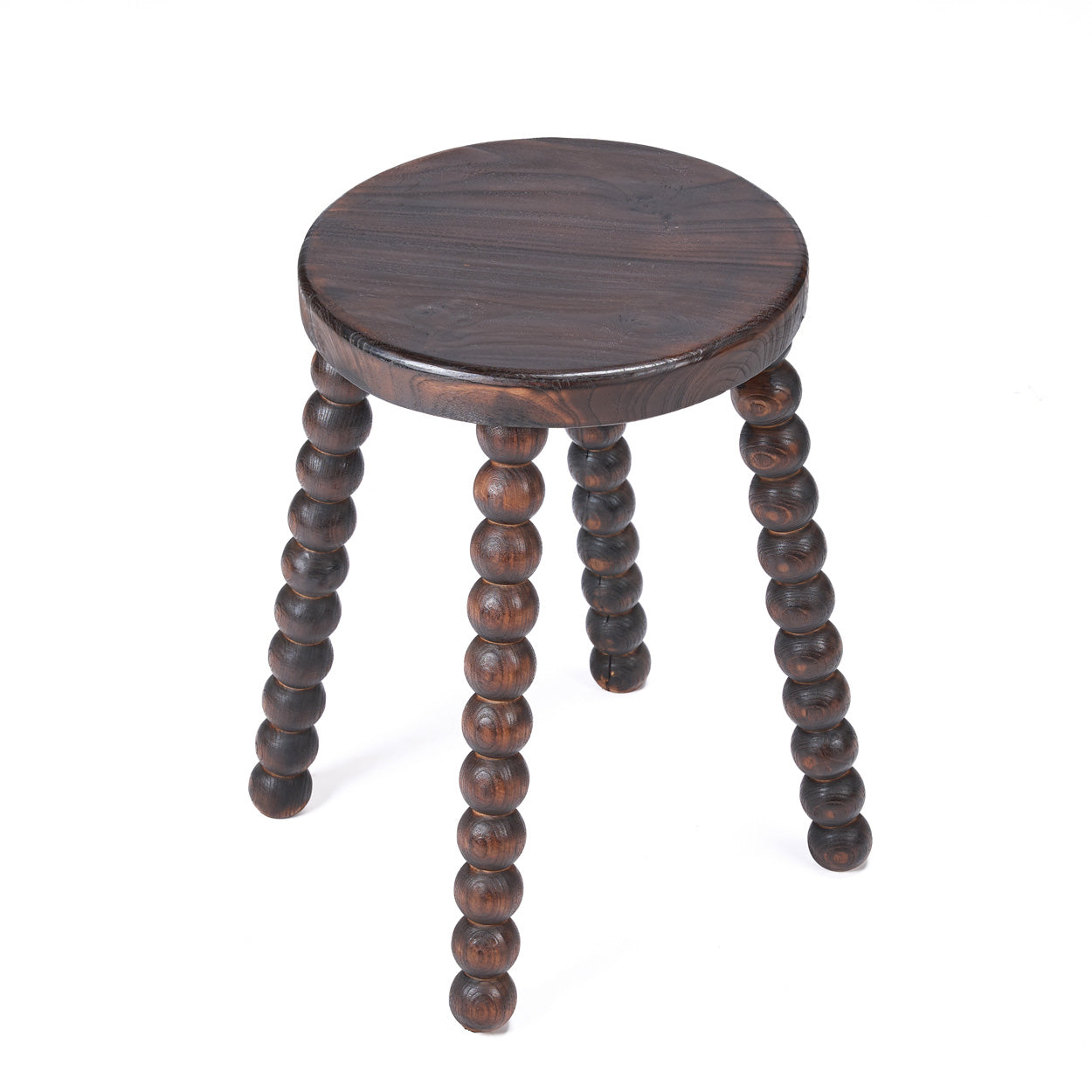 Tabouret de salon bois foncé pieds perlés sculptés massifs – H50 cm