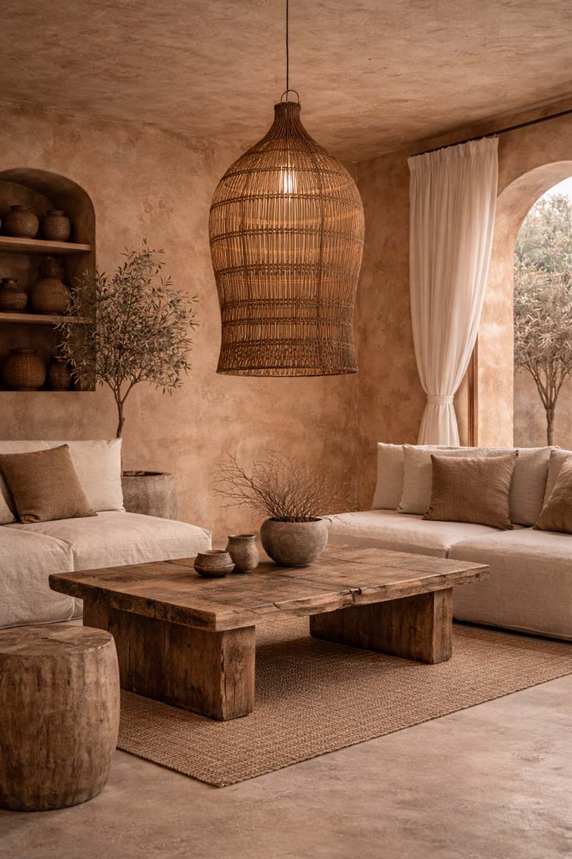 Suspension bambou tressé brun lampe de salon – Ø60 cm