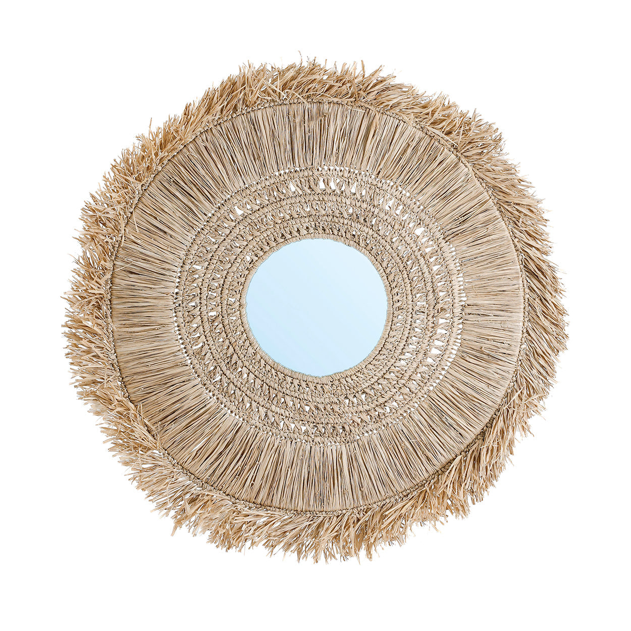 Miroir en raphia naturel rond 70 cm avec franges artisanales