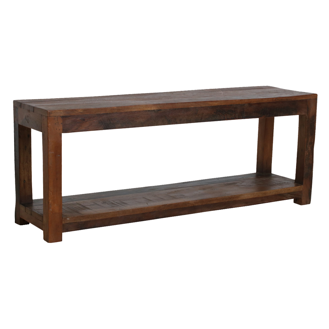 Banc en bois recyclé brun à double plateau pour entrée ou chambre – 116x30 cm