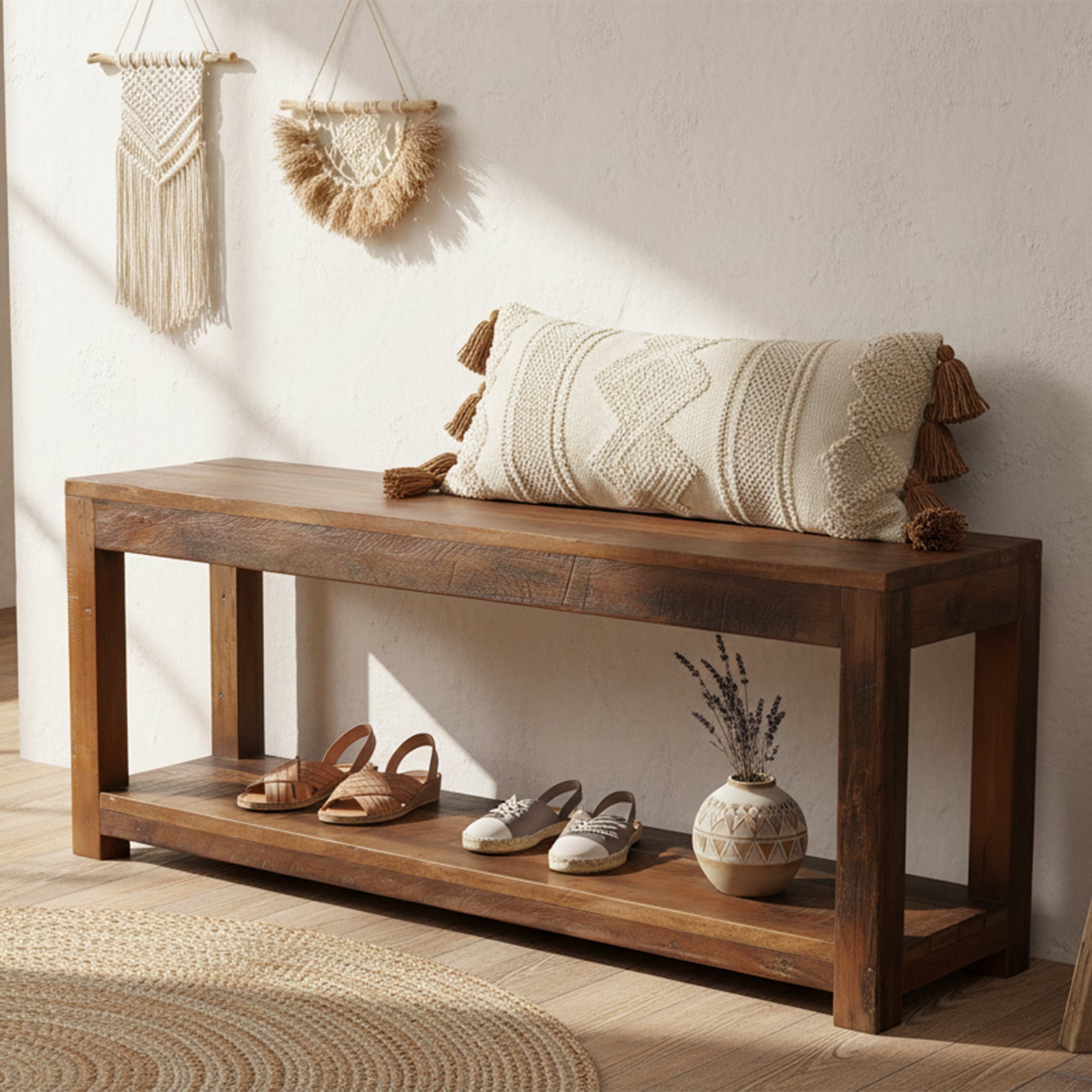 Banc en bois recyclé brun à double plateau pour entrée ou chambre – 116x30 cm