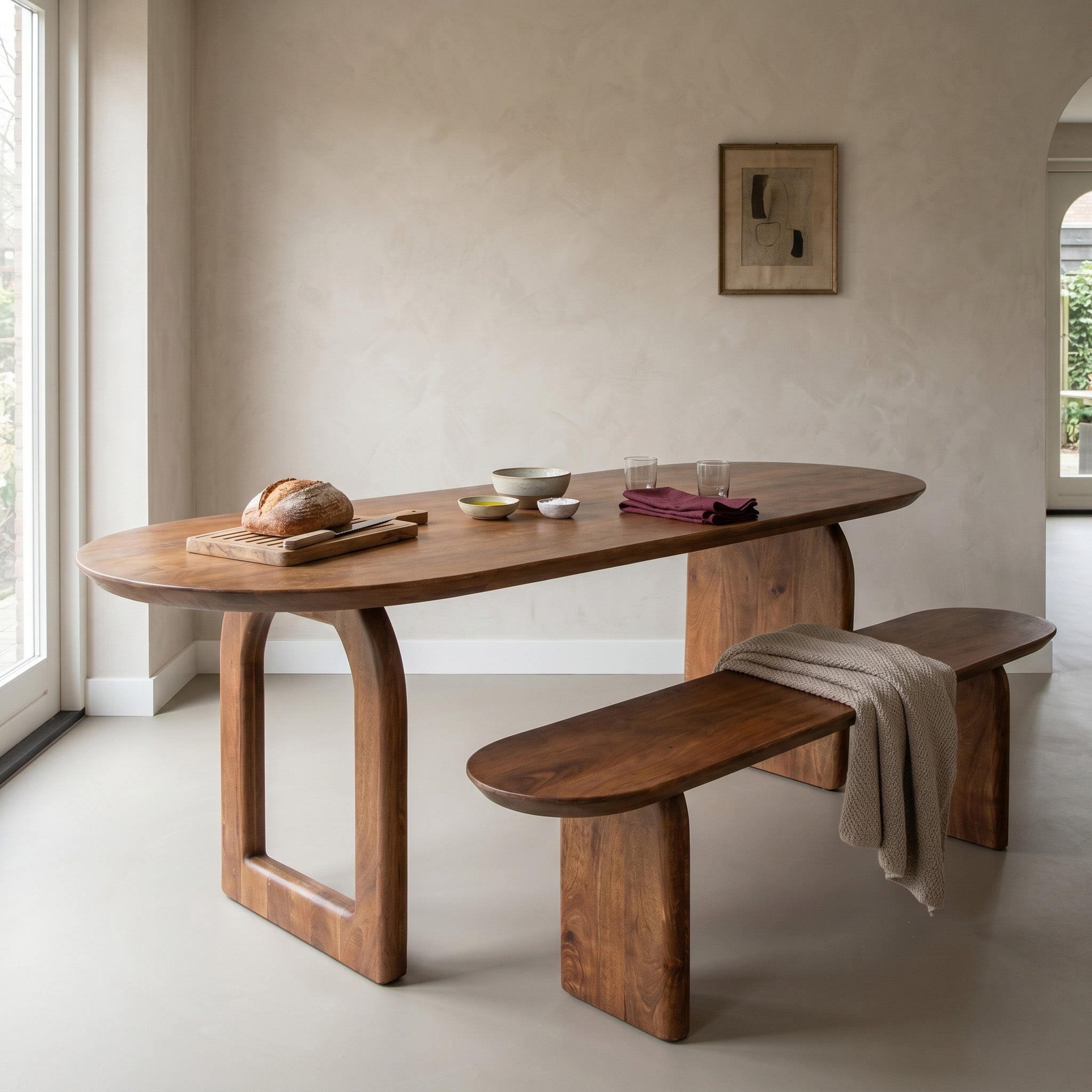 Banc en bois massif brun forme capsule – 200x35 cm