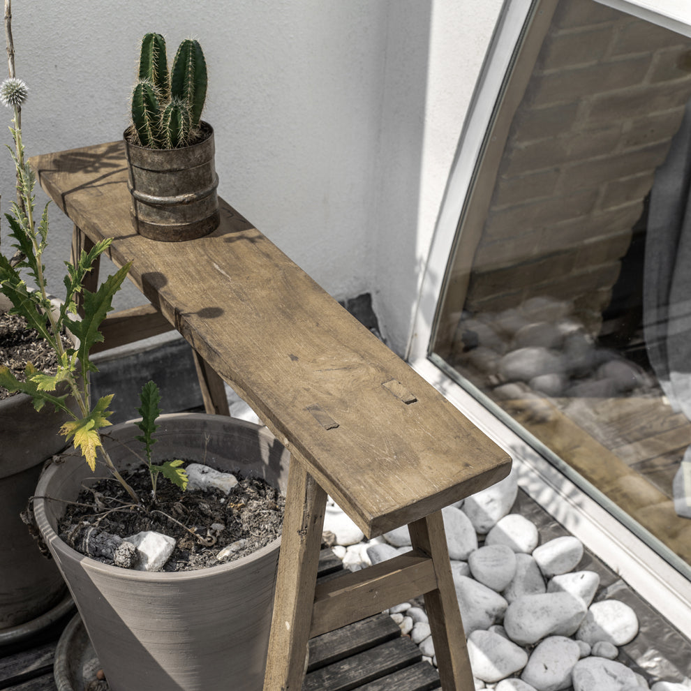 Banc en teck recyclé naturel pieds tréteaux – 80x17 cm