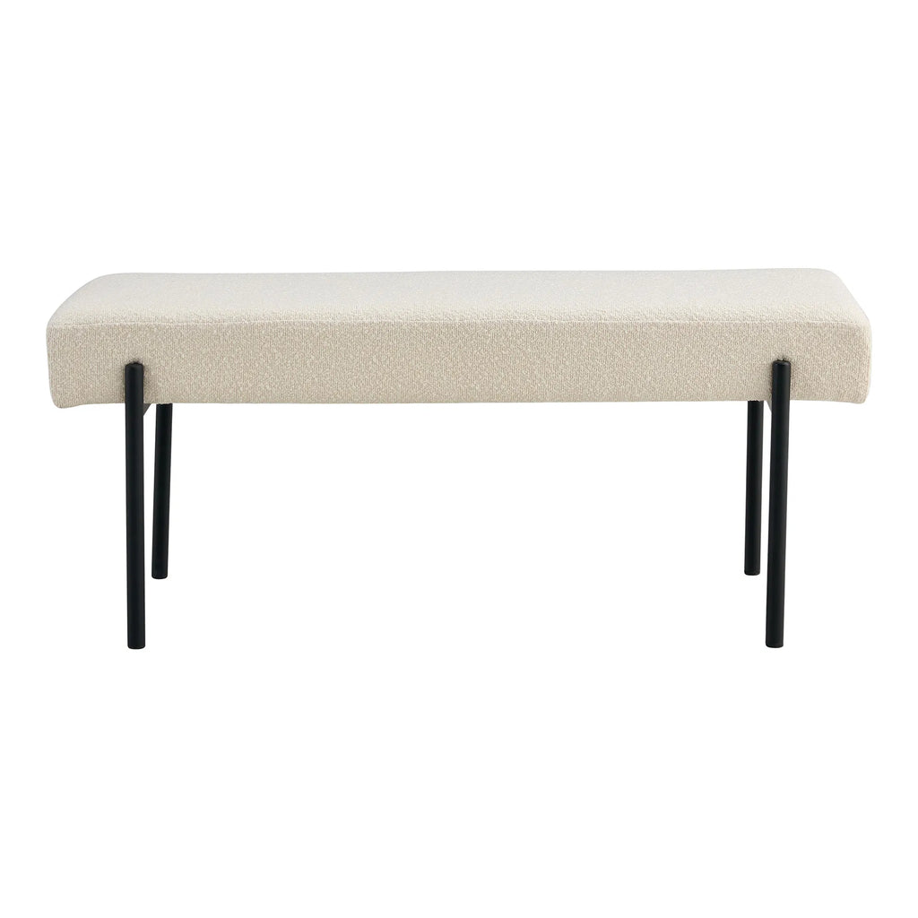 Banc rectangulaire en tissu bouclé beige pieds métal noir – 100x36 cm