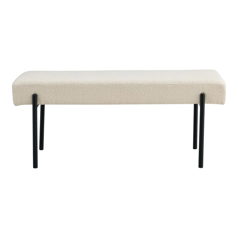 Banc rectangulaire en tissu bouclé beige pieds métal noir – 100x36 cm