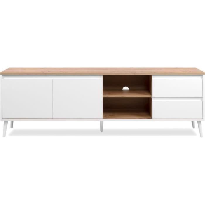 Meuble TV bois clair et blanc avec rangement asymétrique – 186x36 cm