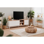 Meuble TV bois clair et blanc avec rangement asymétrique – 186x36 cm