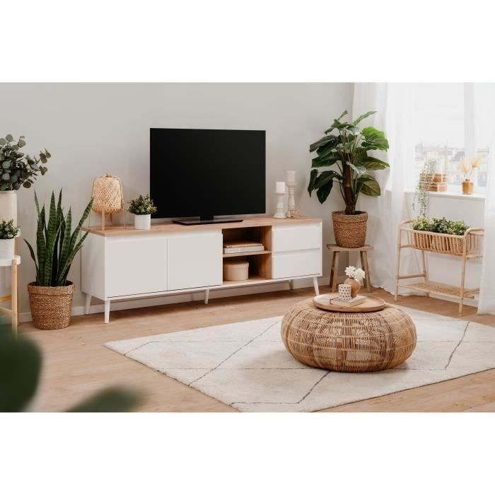 Meuble TV bois clair et blanc avec rangement asymétrique – 186x36 cm