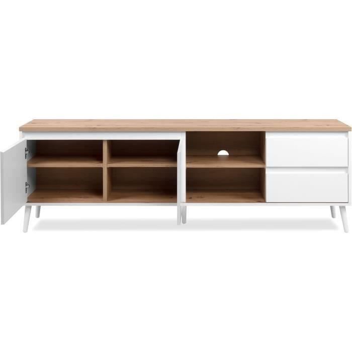 Meuble TV bois clair et blanc avec rangement asymétrique – 186x36 cm