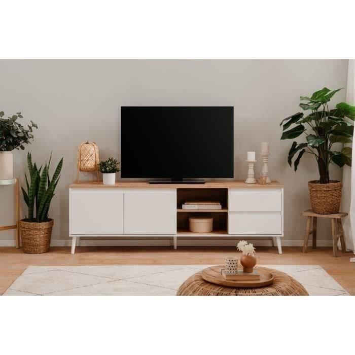 Meuble TV bois clair et blanc avec rangement asymétrique – 186x36 cm