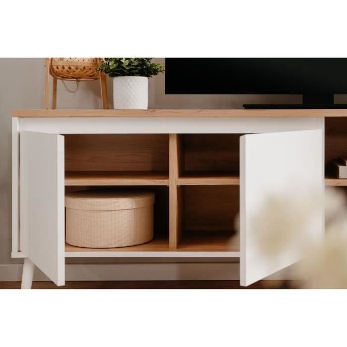 Meuble TV bois clair et blanc avec rangement asymétrique – 186x36 cm