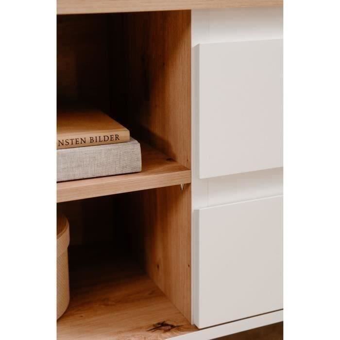 Meuble TV bois clair et blanc avec rangement asymétrique – 186x36 cm