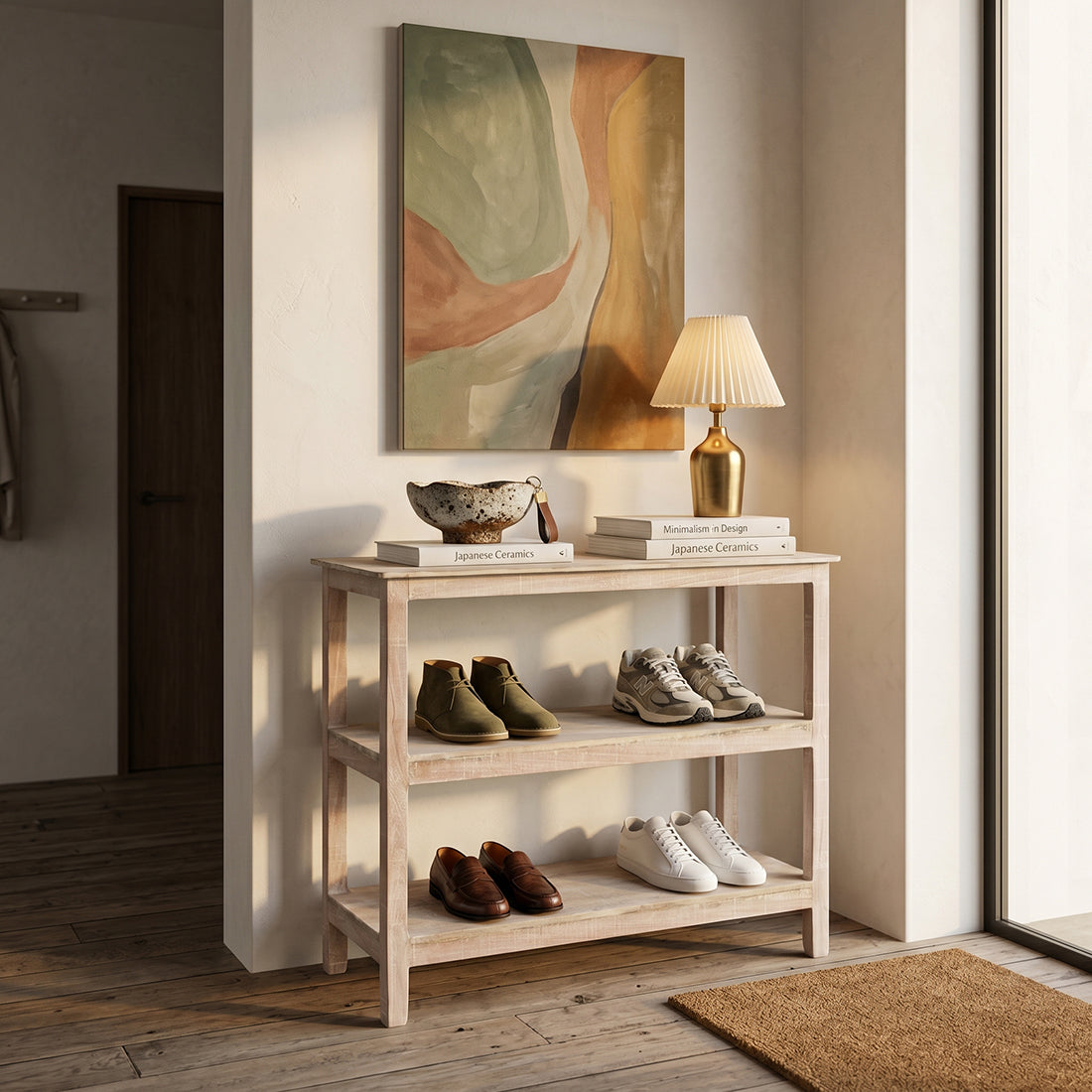 Étagère à chaussures en bois recyclé finition blanchie pour entrée – 90x35 cm