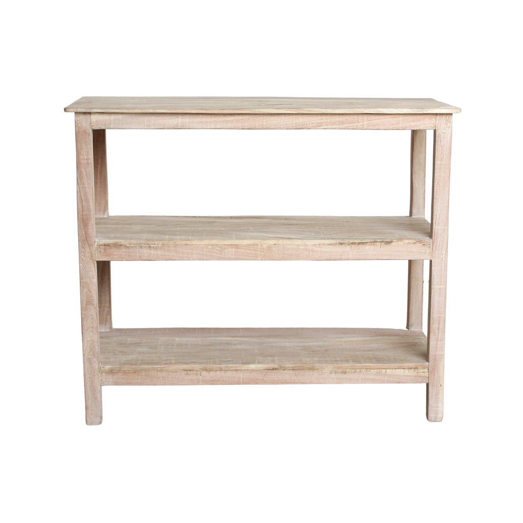 Étagère à chaussures en bois recyclé finition blanchie pour entrée – 90x35 cm