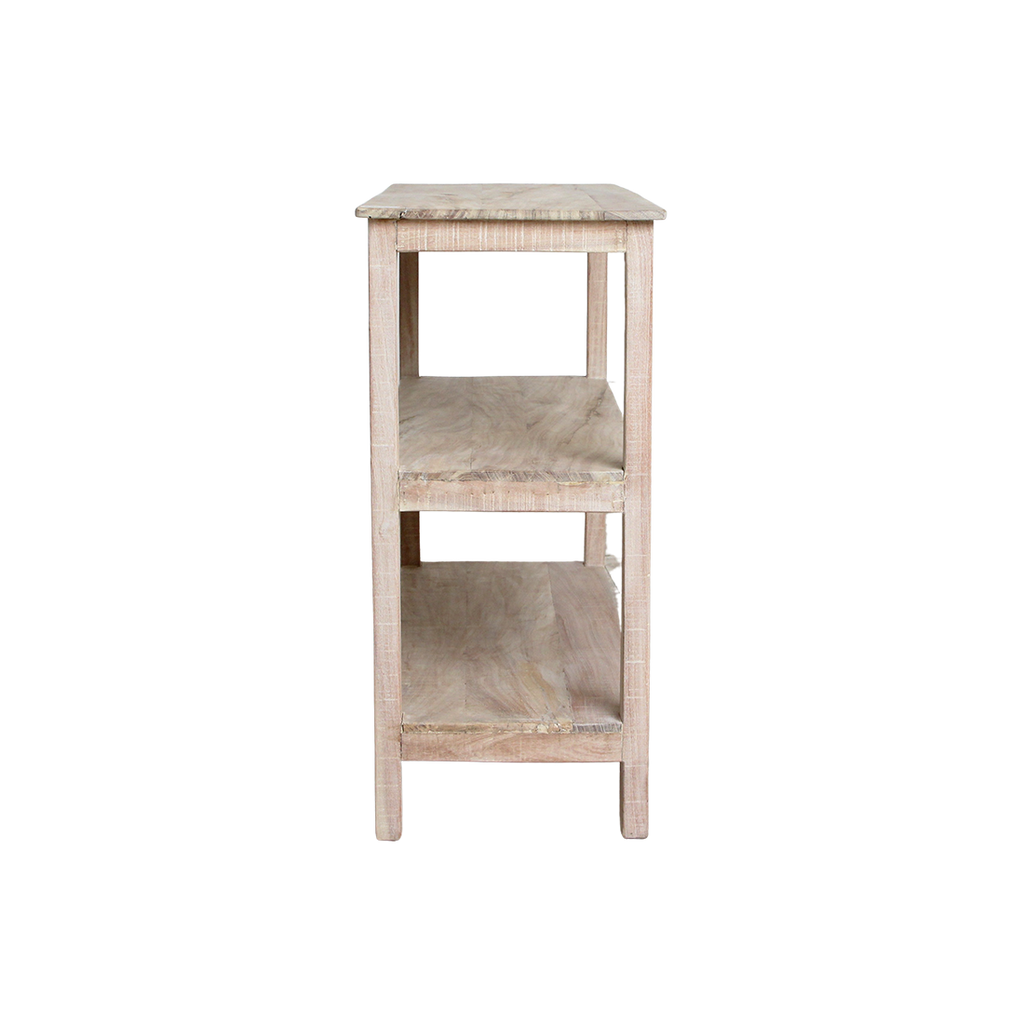 Étagère à chaussures en bois recyclé finition blanchie pour entrée – 90x35 cm