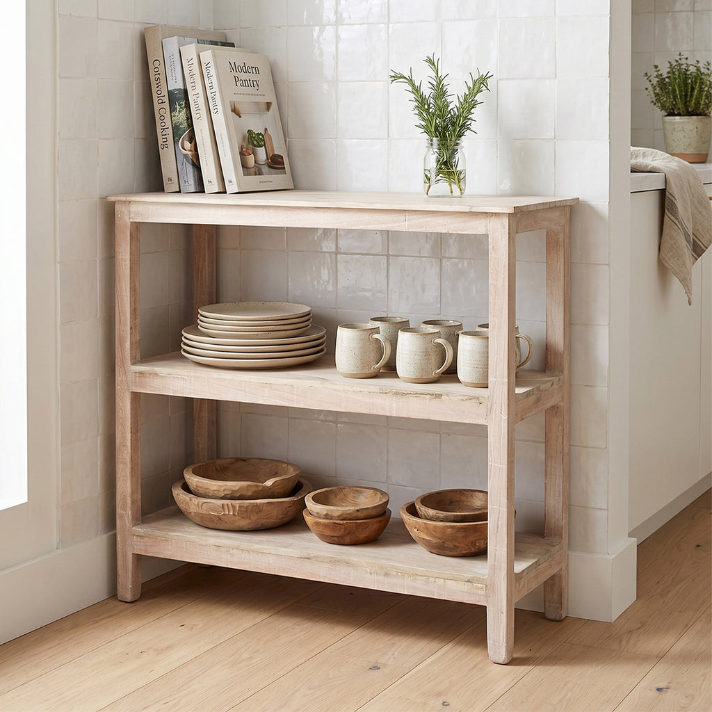 Étagère à chaussures en bois recyclé finition blanchie pour entrée – 90x35 cm