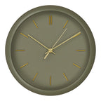 Horloge murale ronde en métal vert kaki avec aiguilles dorées – Ø30 cm