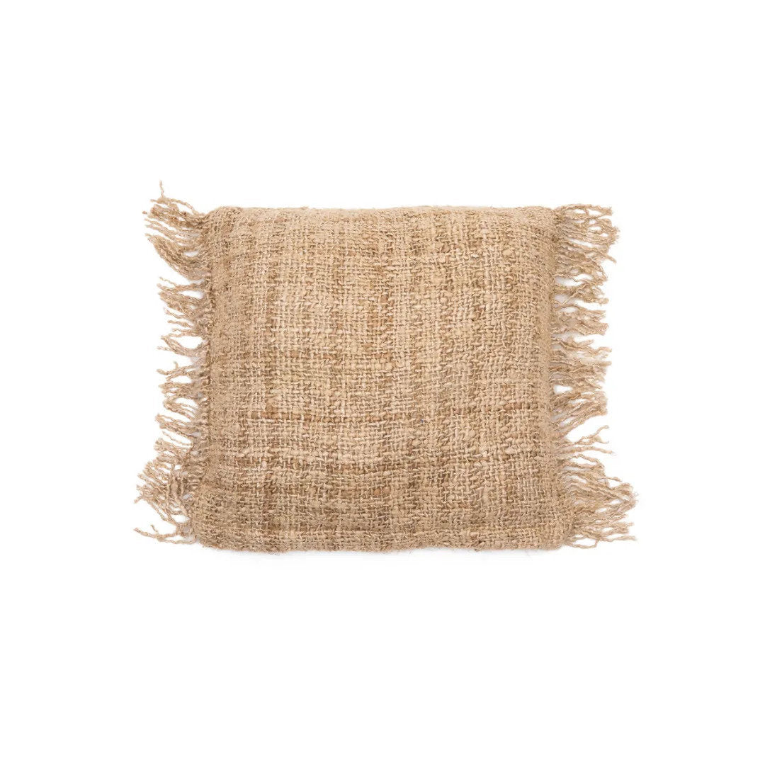 Housse de coussin carrée beige en coton à franges - 40x40 cm