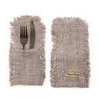 Porte-couverts en coton tissé gris perle avec bords frangés – Set de 4