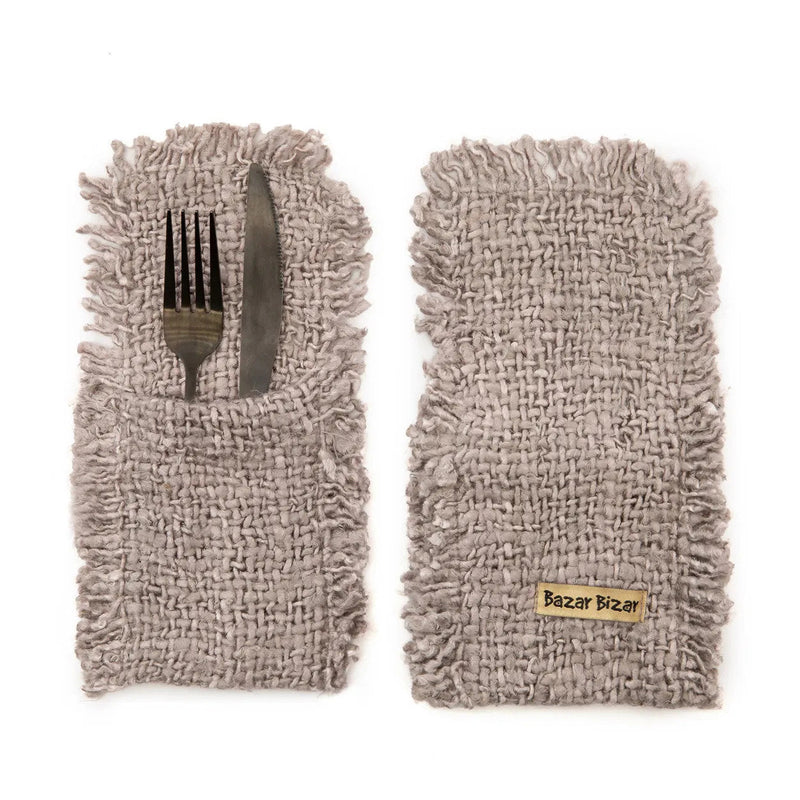 Porte-couverts en coton tissé gris perle avec bords frangés – Set de 4