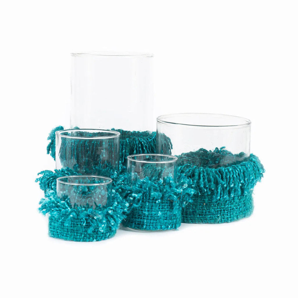 Bougeoir en verre et coton tricoté aqua 8 cm