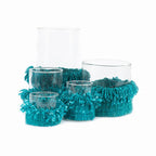 Bougeoir en verre et coton tricoté aqua 8 cm
