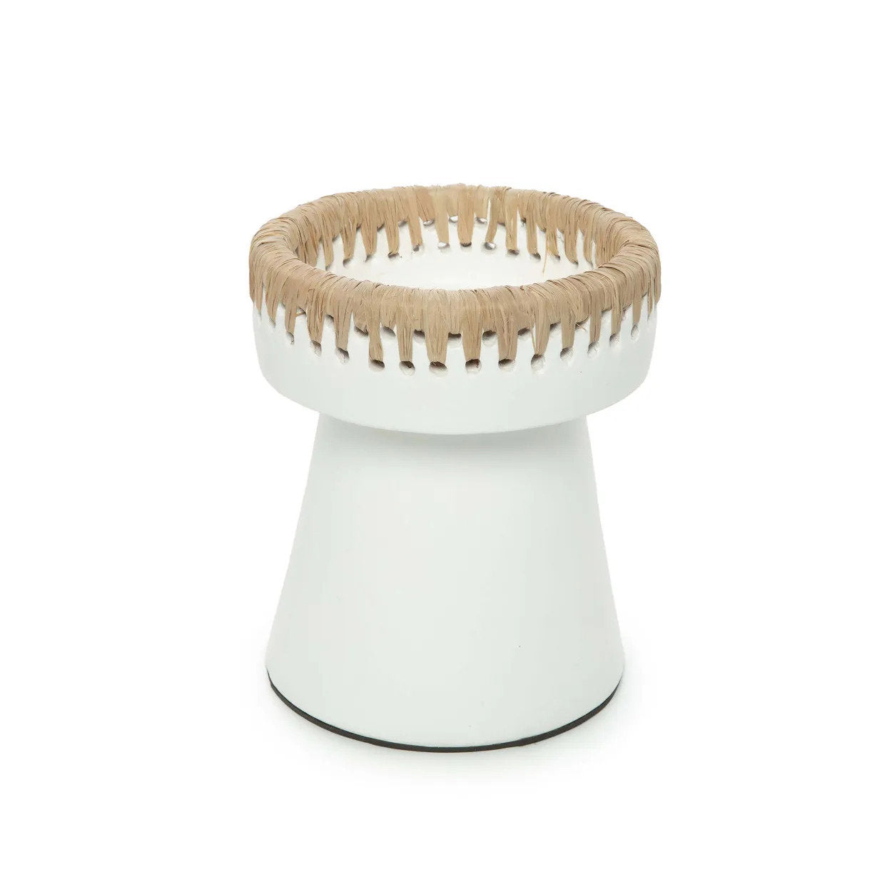 Porte-bougie en terre cuite blanche finition raphia naturel – H16 cm