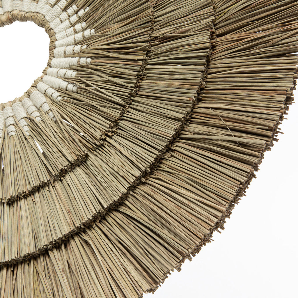 Décoration murale ronde en jonc de mer et coton blanc naturel – Ø75 cm