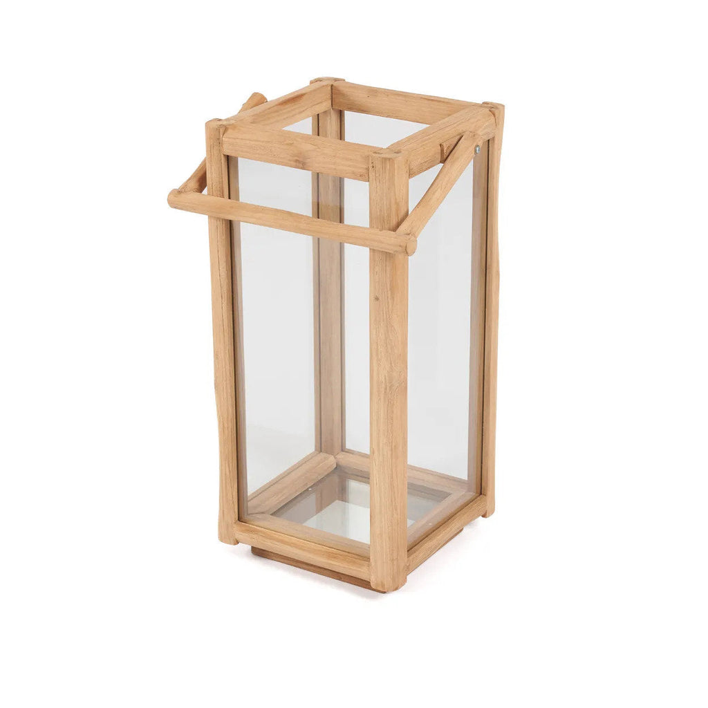 Lanterne rectangulaire en bois de teck recyclé avec poignée – H60 cm