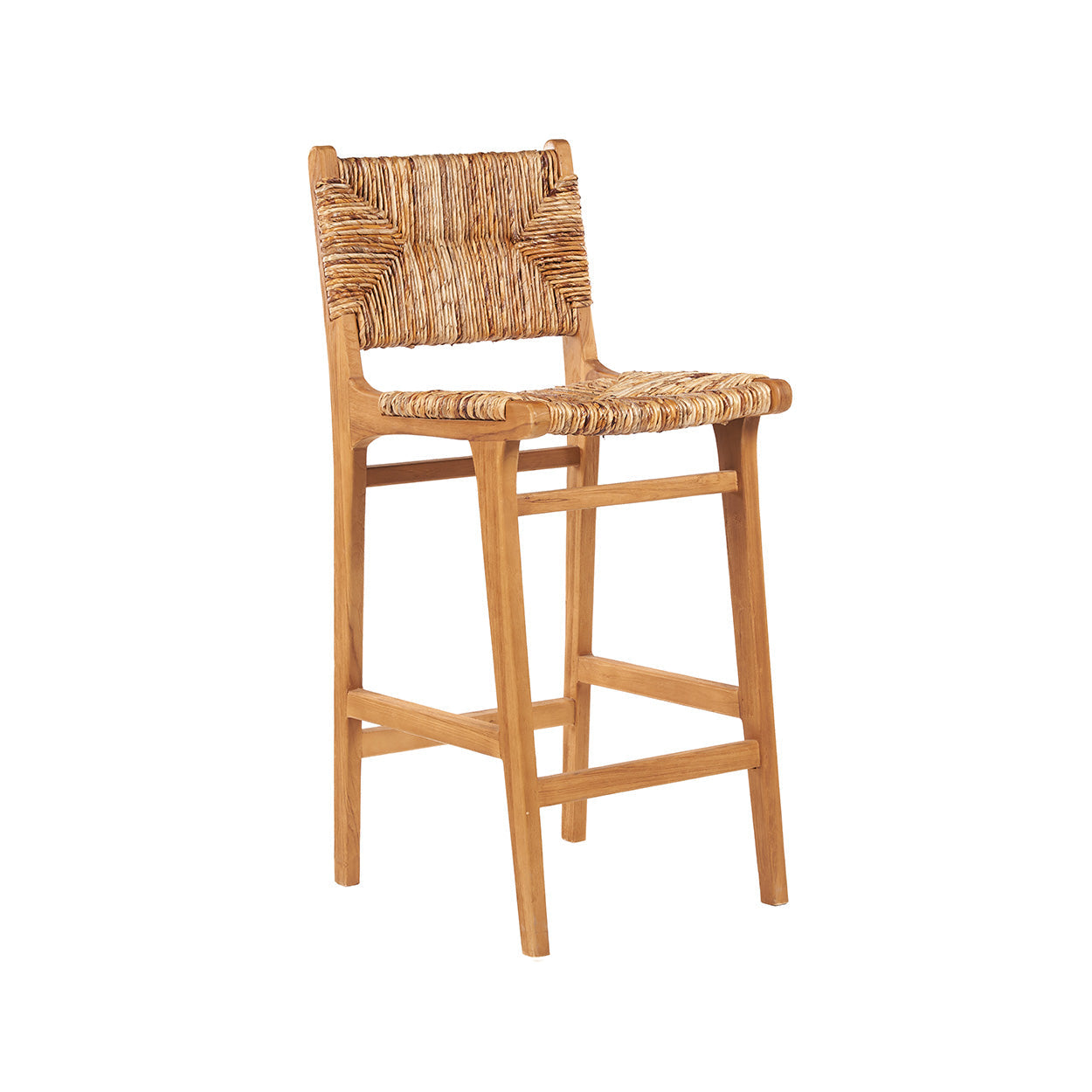 Tabouret de bar en bois recyclé et rotin tressé naturel avec dossier