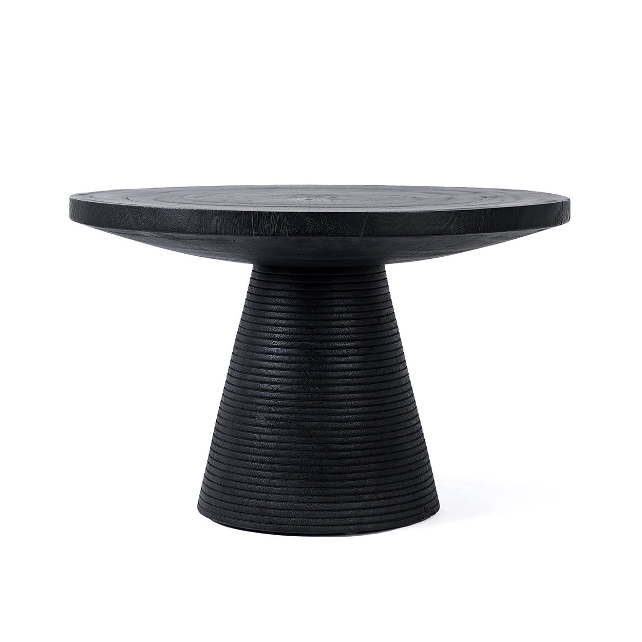 Table basse ronde en bois de suar noir avec base rainurée – Ø70 cm