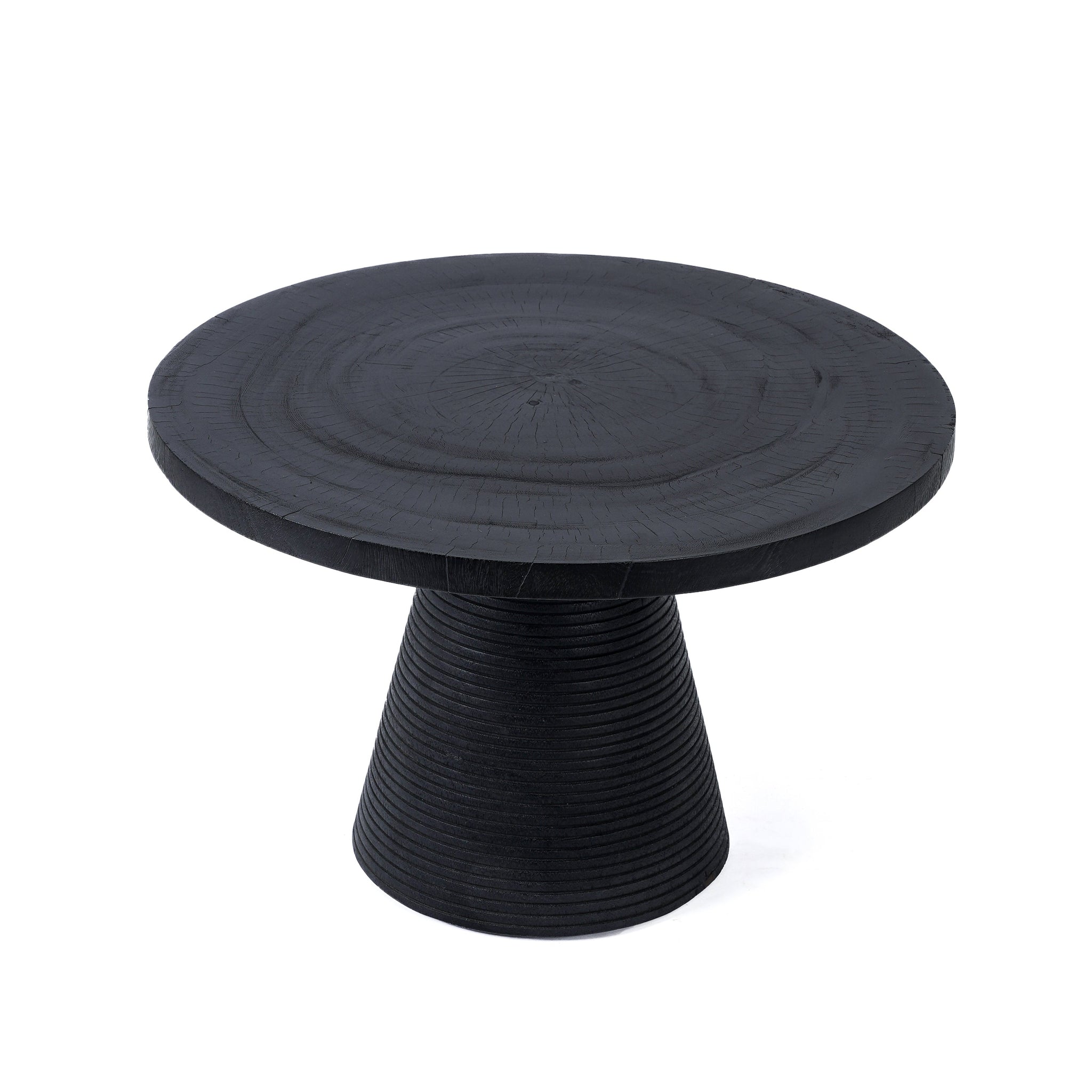 Table basse ronde en bois de suar noir avec base rainurée – Ø70 cm