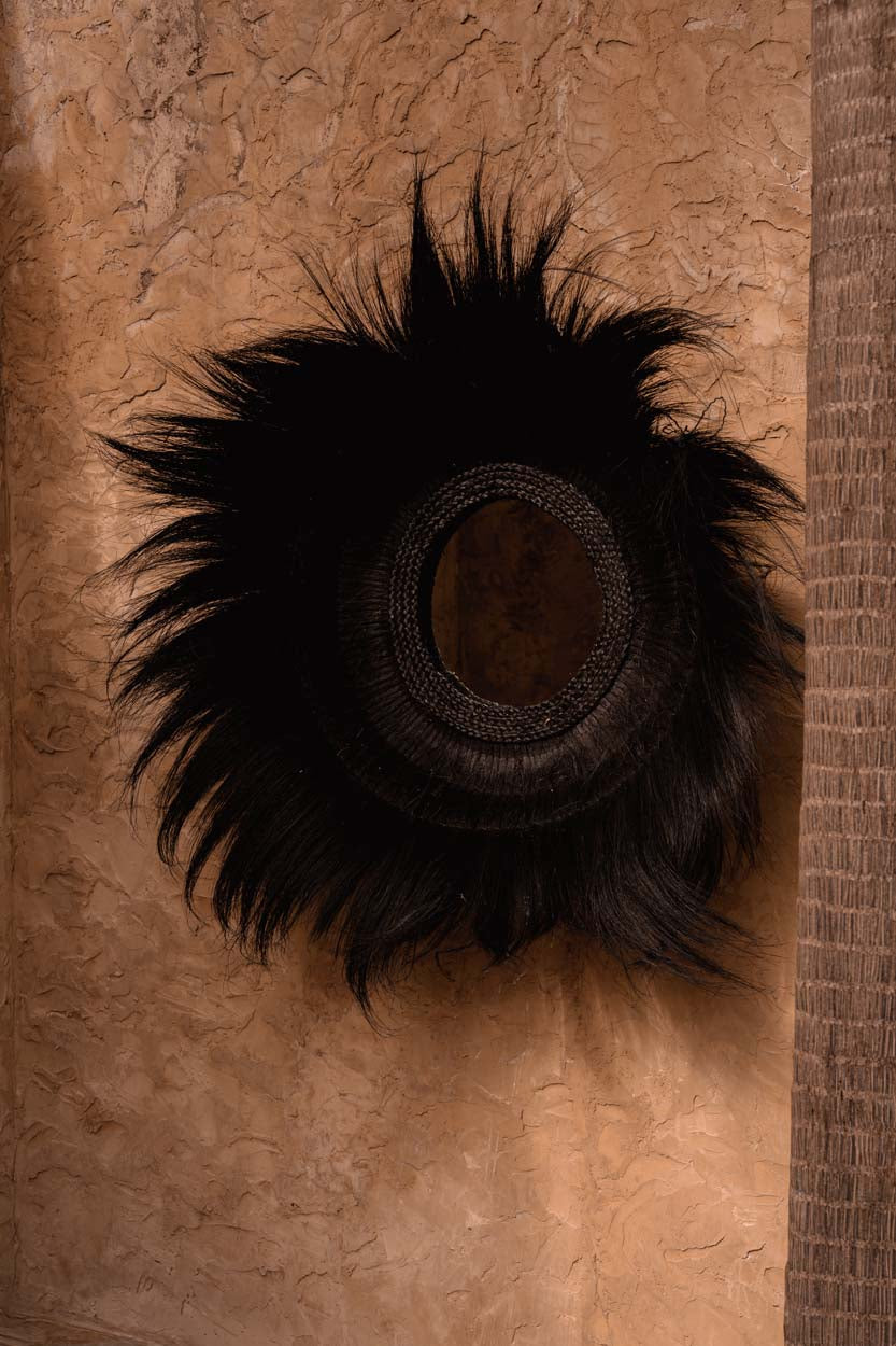 Miroir rond en herbe séchée noire 90cm