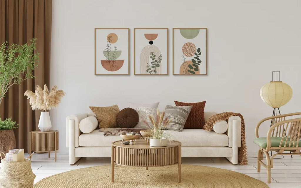 Lot 3 tableaux boho dans un salon boho chic