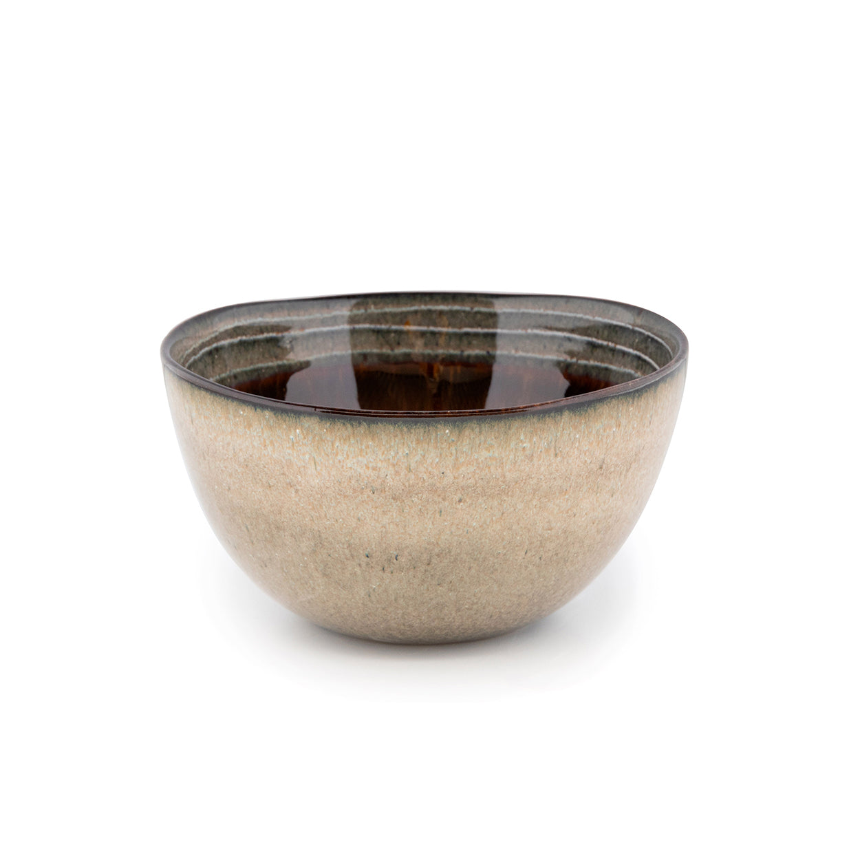 Bol en grès artisanal moucheté ambre et vert satiné intérieur brillant