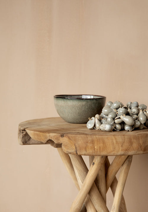 Bol en grès artisanal moucheté ambre et vert satiné intérieur brillant