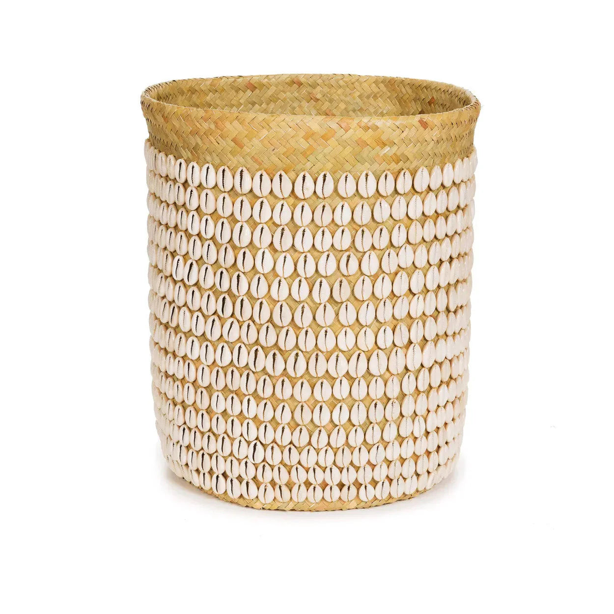 Panier cylindrique en pandan tressé naturel avec coquillages blancs